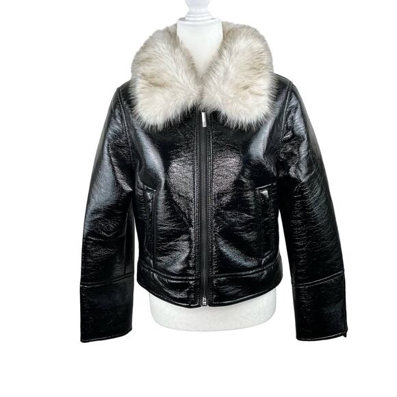 Revolve Unreal Fur Wet Look Aviator Biker Jacket Faux Leather/Fur Black L NWT - Picture 3 of 16